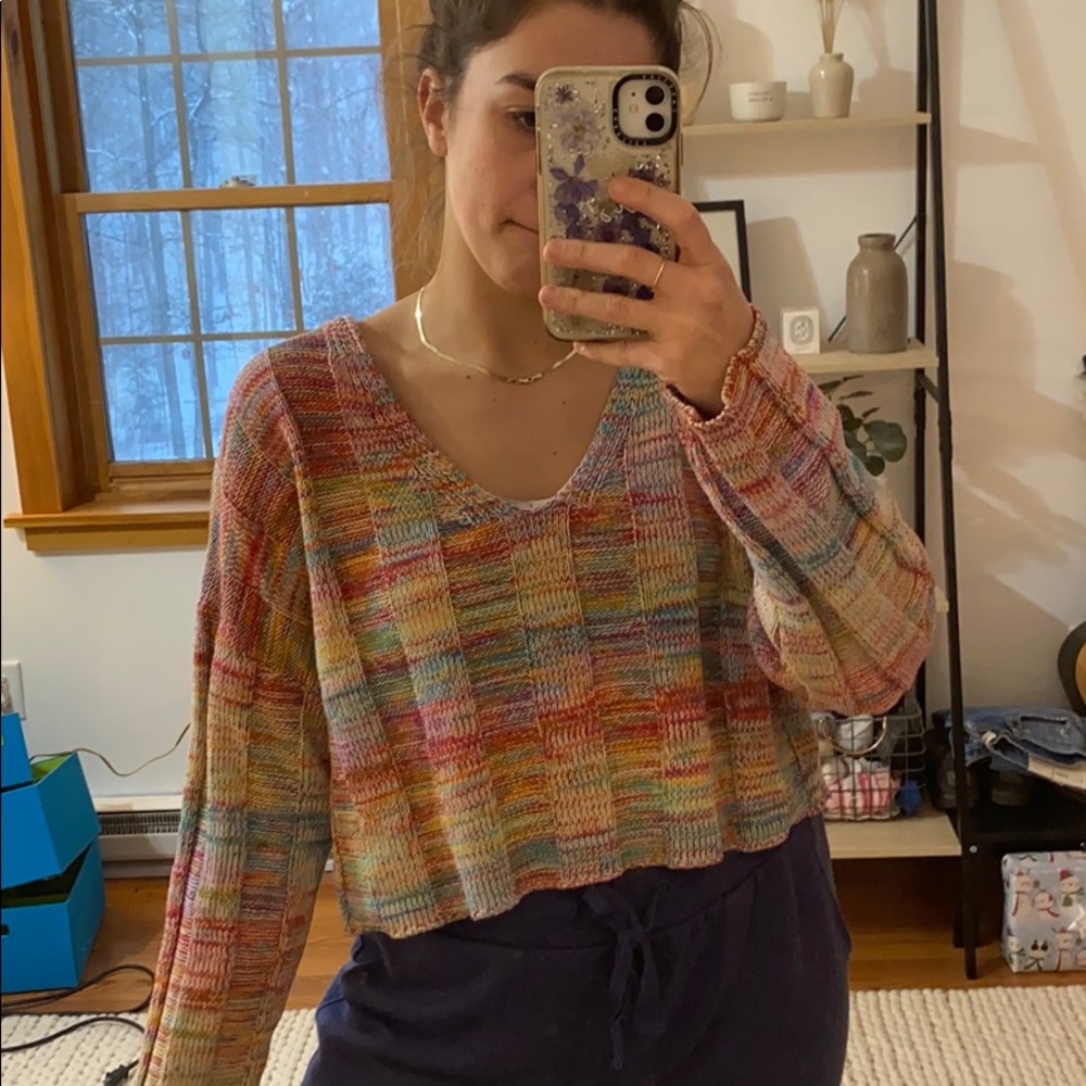 Urban cropped multicolor rainbow v neck sweater